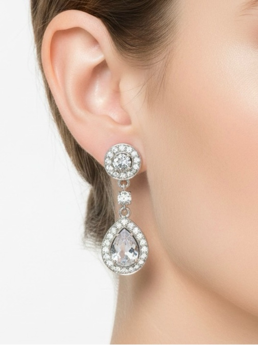 Nadri Silver Teardrop Crystal Halo Drop Earrings